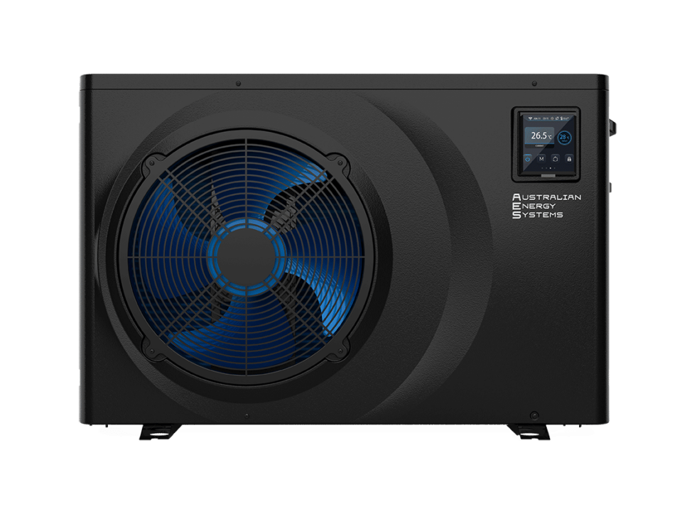 A black Australian Energy Systems heat pump unit with a prominent fan and a digital control panel displaying the temperature. Perfect for residential use, this inverter model features a sleek design with a visible company logo and modern interface. | AES Pool Heating Solutions