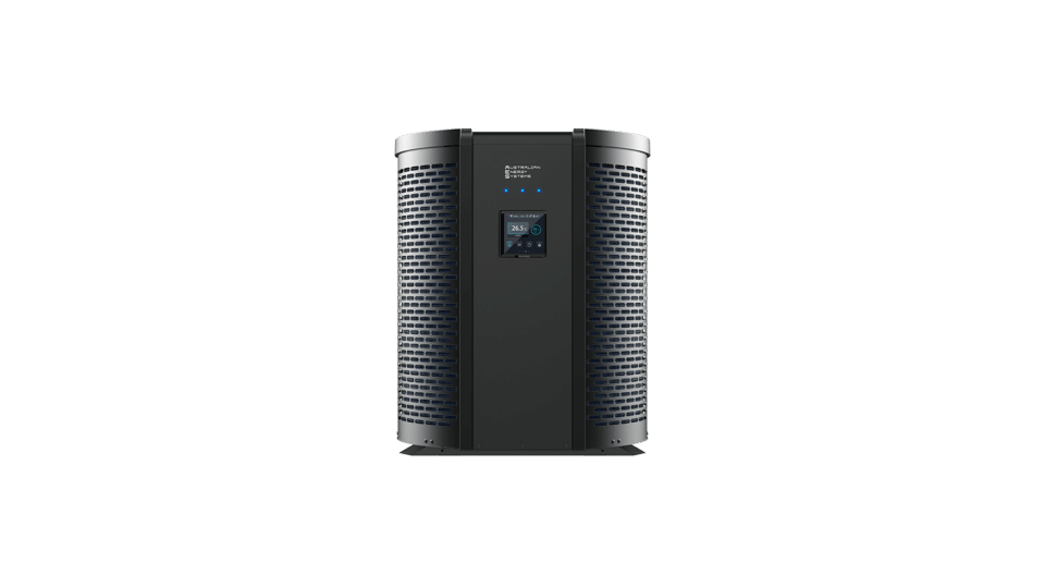 A modern heat pump with a cylindrical design is shown on a white background. The pump features a sleek black finish with vented sides and a digital display panel in the center. Designed for residential use, this energy-efficient inverter model displays temperature readings and control options. | AES Pool Heating Solutions