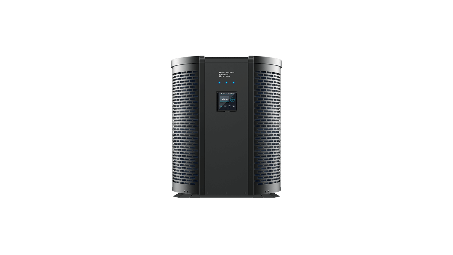 A modern heat pump with a cylindrical design is shown on a white background. The pump features a sleek black finish with vented sides and a digital display panel in the center. Designed for residential use, this energy-efficient inverter model displays temperature readings and control options. | AES Pool Heating Solutions