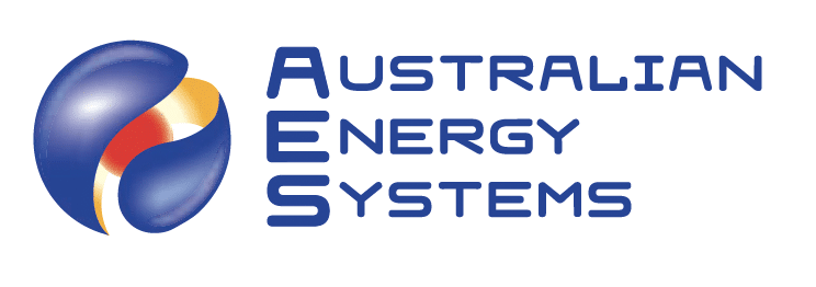 Logo of Australian Energy Systems featuring a stylized sphere with red, blue, and gold segments on the left and the letters "AES" vertically aligned with "Australian Energy Systems" written beside it in blue text. | AES Pool Heating Solutions