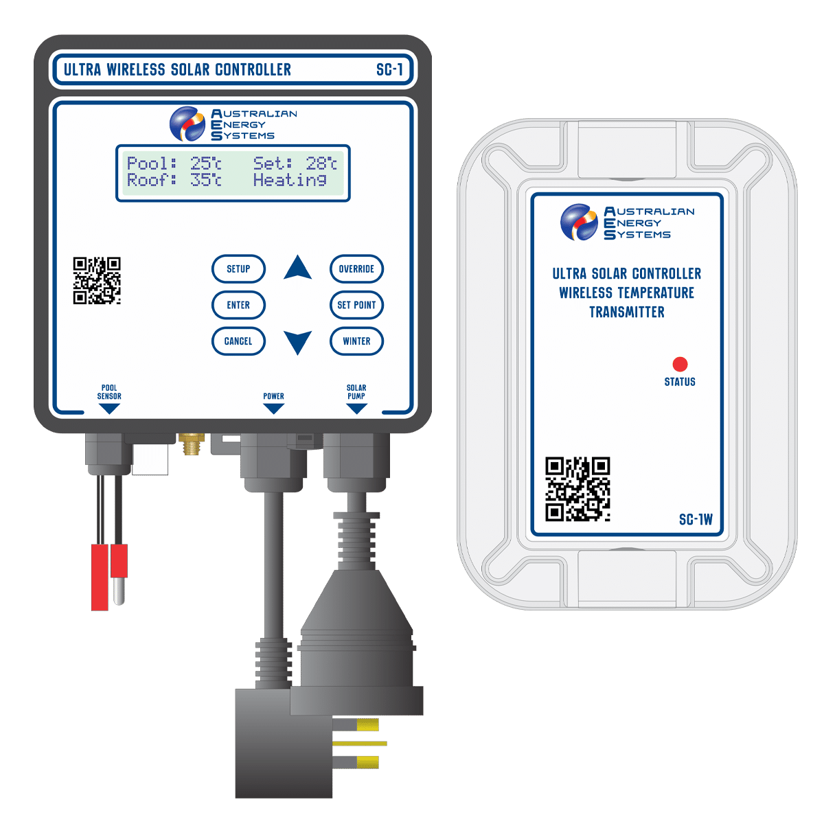 Illustration of an Ultra Wireless Solar Controller showcasing pool and roof temperatures, set temperature, and heating status. A rectangular wireless temperature transmitter appears beside it. Perfect for your product library, both are branded with the Australian Energy Systems logo. | AES Pool Heating Solutions