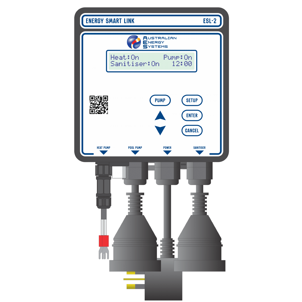 This image showcases an Energy Smart Link device by Australian Energy Systems from the Product Library. It features a digital display indicating system statuses—heat, pump, and sanitizer options—with buttons labeled: pump, setup, enter, and cancel. Three connected cables complete the setup. | AES Pool Heating Solutions