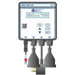 This image showcases an Energy Smart Link device by Australian Energy Systems from the Product Library. It features a digital display indicating system statuses—heat, pump, and sanitizer options—with buttons labeled: pump, setup, enter, and cancel. Three connected cables complete the setup. | AES Pool Heating Solutions